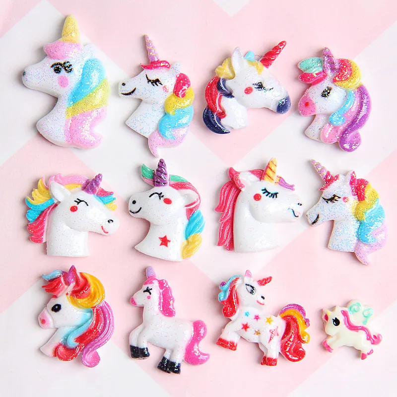 
Free Shipping Glitter Unicorn Rainbow Flat Back Resin Cabochons Ornament Cell Phone Decoration Scrapbooking Resin Embellishments 