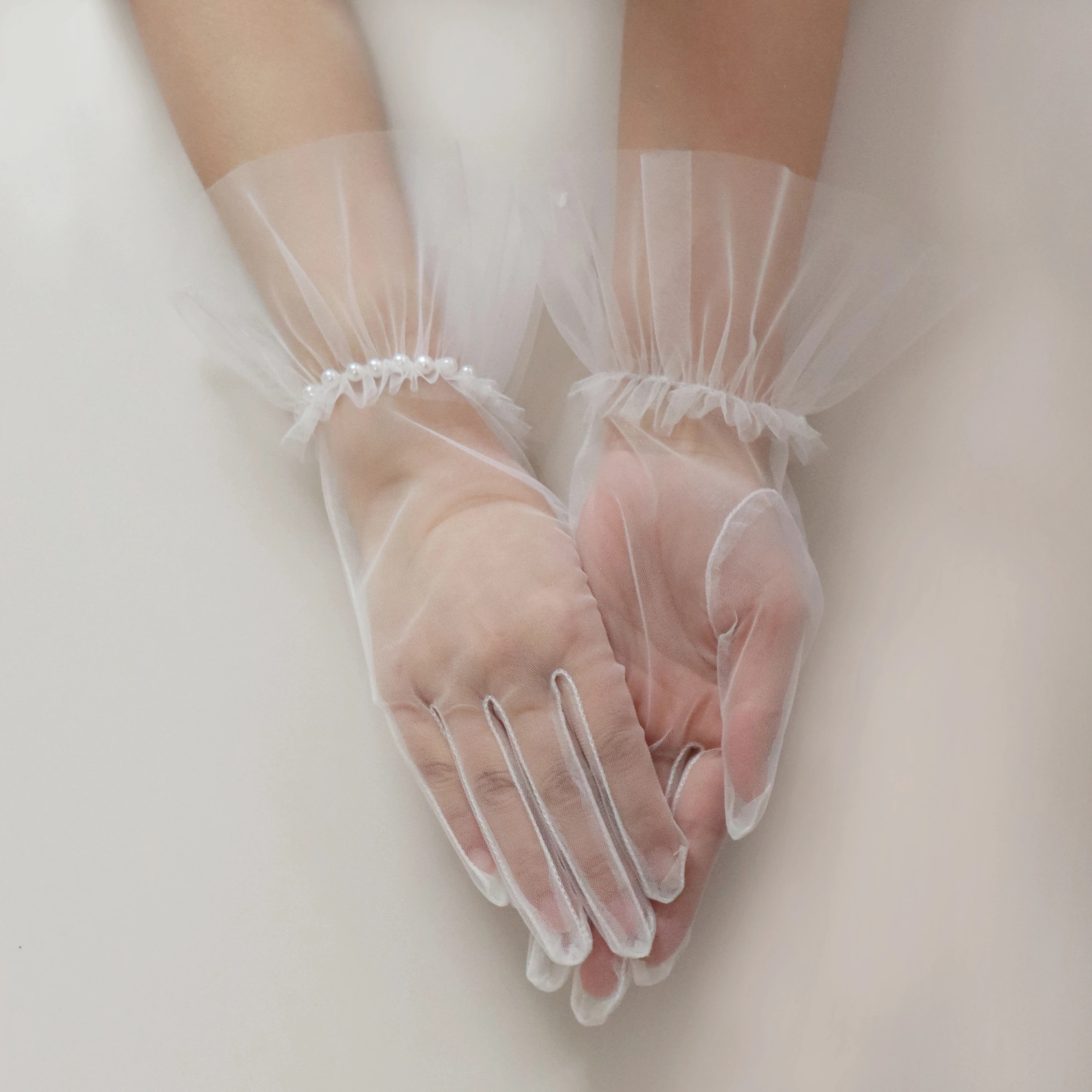 G9906M2  sheer tulle lace glove with pearl party glove