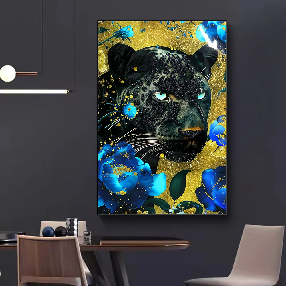 Home Decor Black Gold Animal Painting Cheetah poster Wall Art Crystal porcelain 3D gold leaf diamond painting