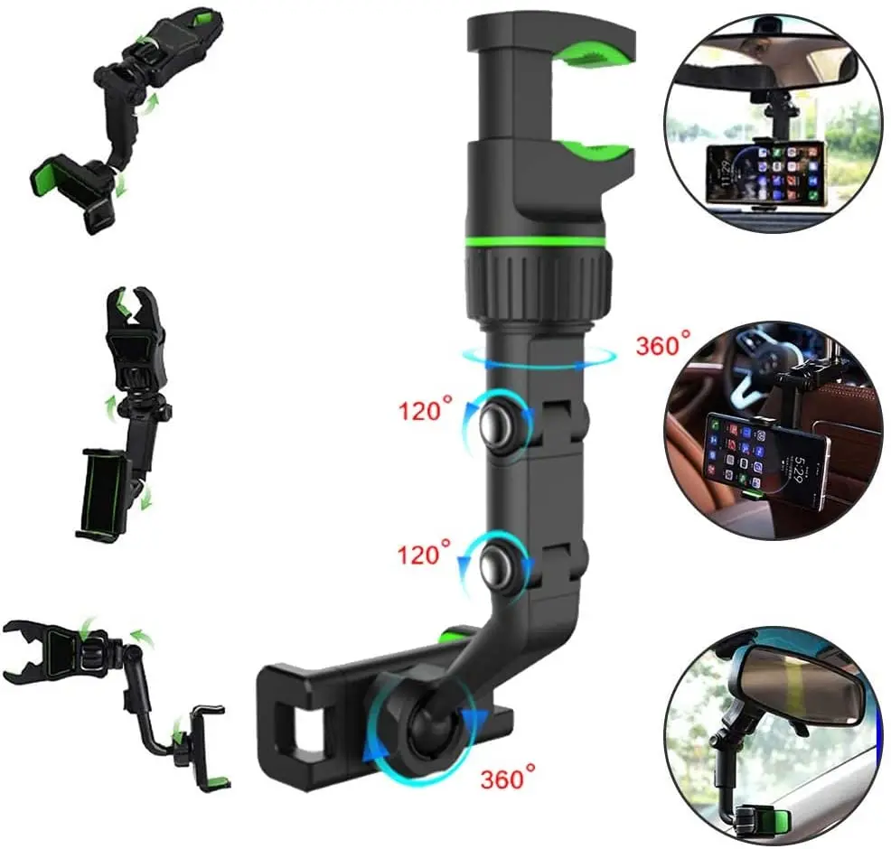 360 Rearview Mirror Phone Holder for Car Multifunctional Mount Phone and GPS Holder Universal Rotating Car Phone Holder