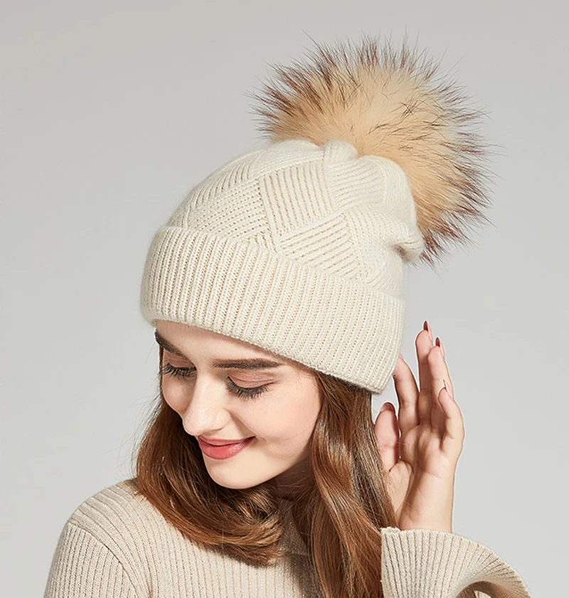 hot sell cute woman cashmere wool cable knit winter warm beanie hat with fox ball