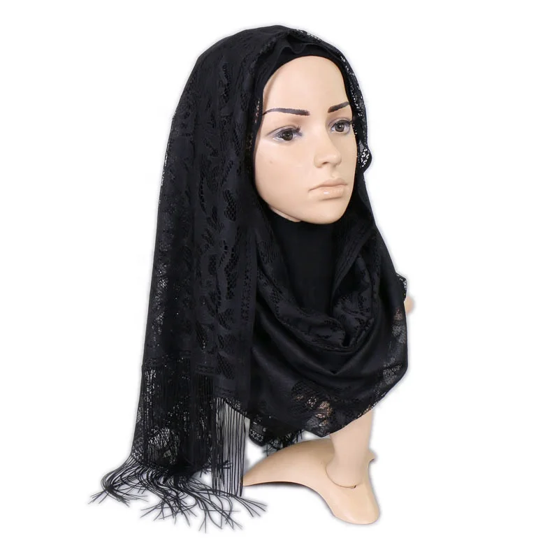 JYL Fashionable Hollow Out Hijab Malaysia Pure Color Elegant Headwrap Kerchief Muslim Scarf With Tassel
