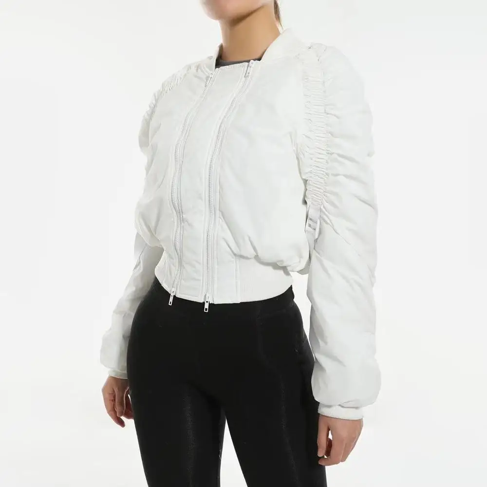 Новая оптовая продажа, Короткая свободная куртка-бомбер с двойной молнией и плиссировкой, Женская куртка на осень и зиму