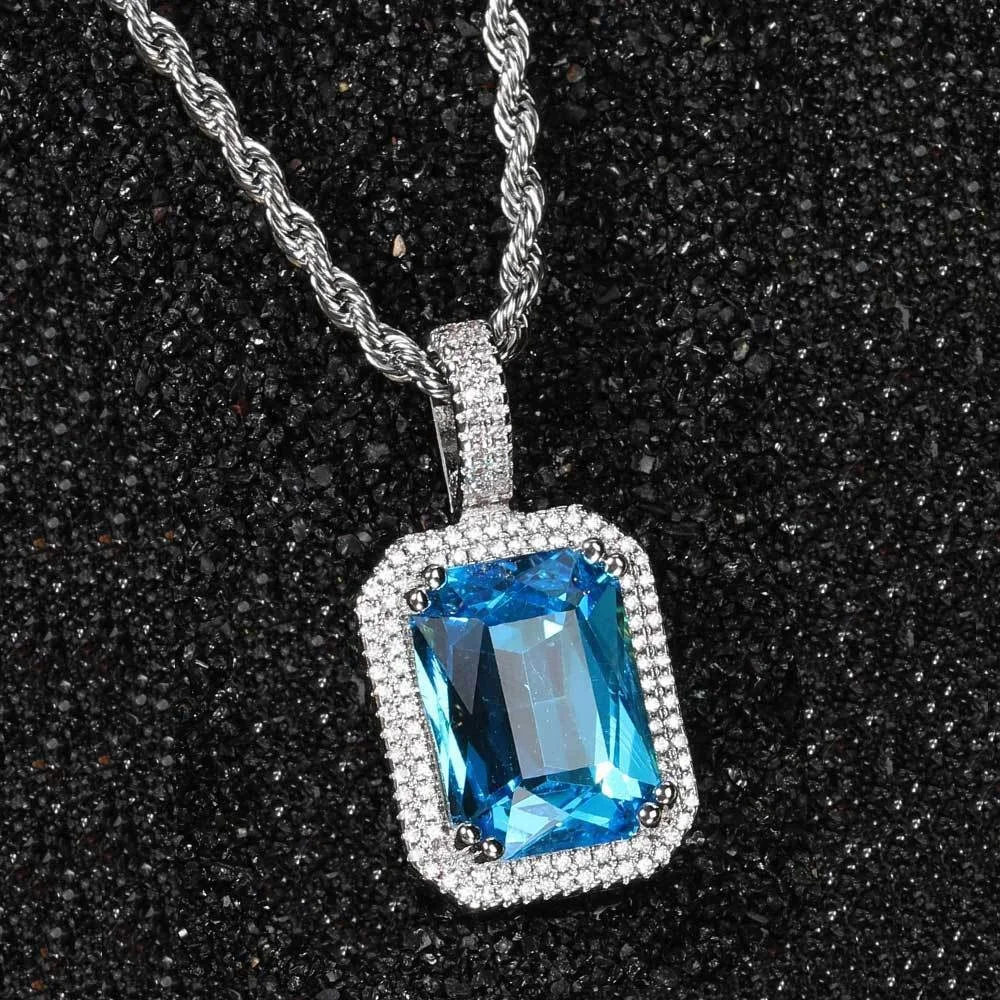 IG Bust Down Red Ruby Blue Pink Gem Iced Out Charm Square Pendant Necklace CZ Hip Hop Diamond Women Men Jewelry