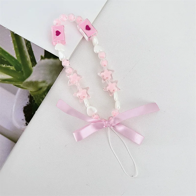 Trendy Colorful Handmade Beaded Phone Chain Love Pendant for Girls Phone Case Decoration