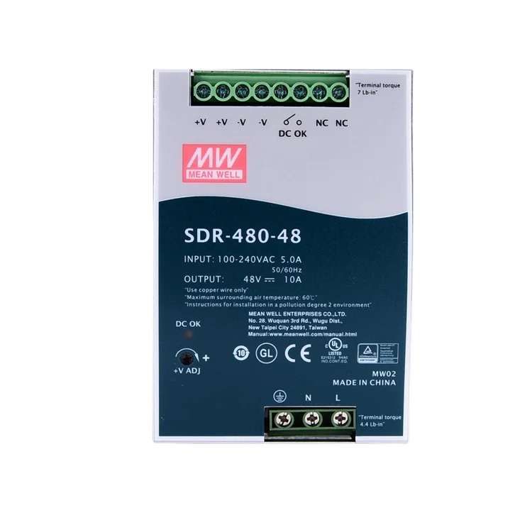 Meanwell 24VDC Din Rail Power Supply SDR-480-24 480W 24V 20A Single Output Industrial DIN RAIL with PFC Function