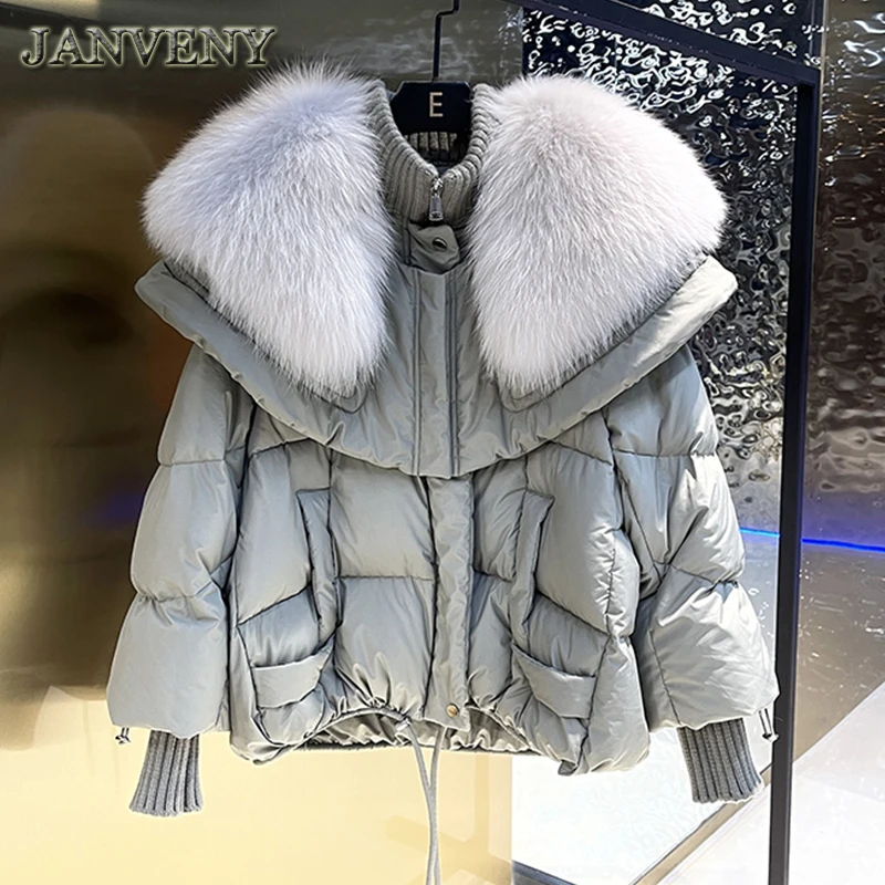 JANVENY 2023 New Winter Luxury Large Real Fox Fur Collar 90% Goose Down Jacket Women Casual Thick Warm Slim Knitted Fur Coat