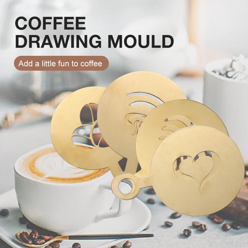 Fancy creative custom 4-piece coffee drawing pattern tool stainless steel coffee drawing mould set for home coffee shop