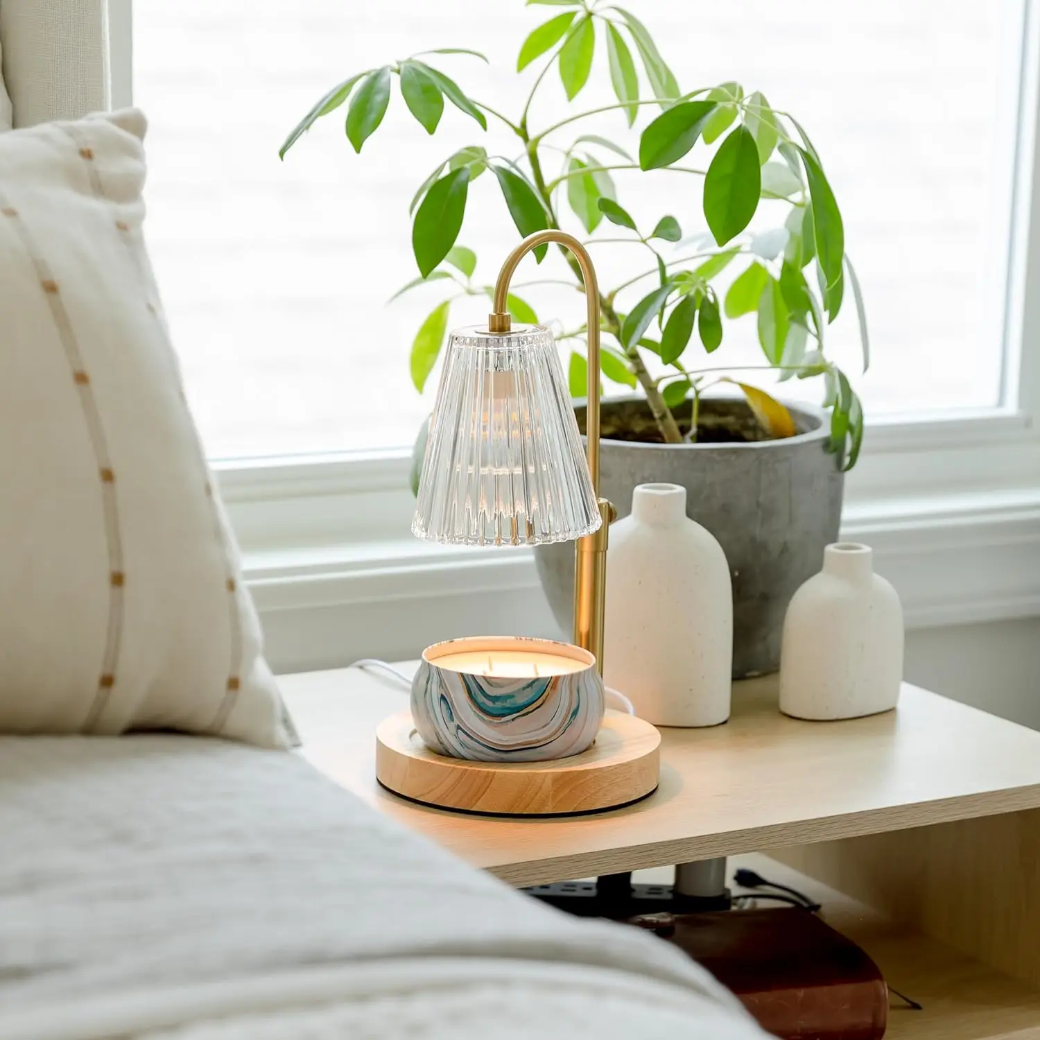 Glass Flameless Candle Warmer Electric Lamp Round Wood Home Decor Table Lamp Candles& Home fragrance Burner Adjustable Height