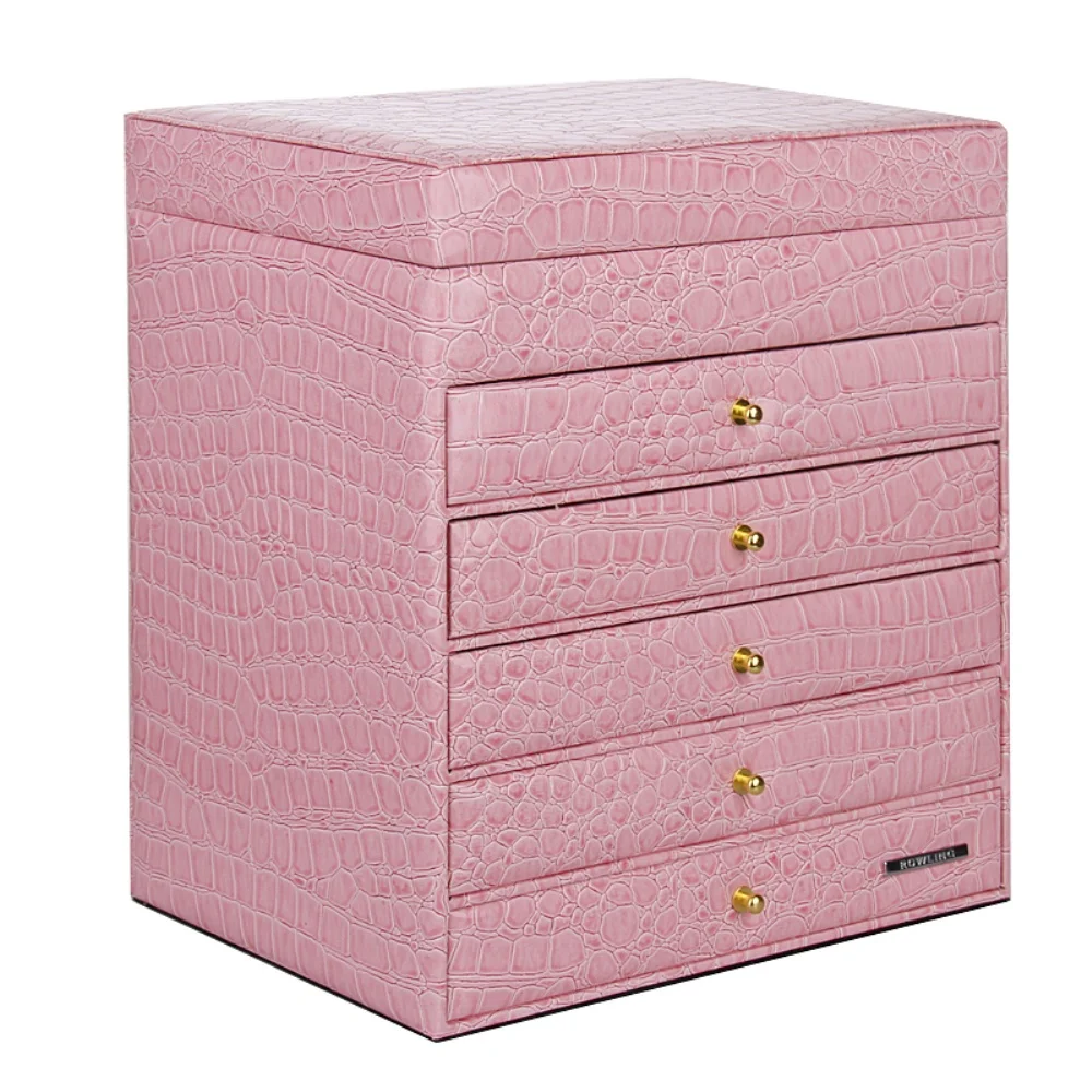 Wholesale Custom Logo Large Capacity Crocodile Print Pink Crocodile Print Faux Leather, multi-drawer jewellery storage box