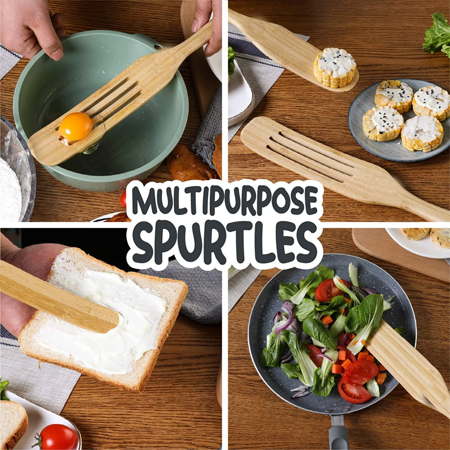 Kitchen Tools Wooden spurtles Set Bundled with Countertop Utensil Holder Eco-Friendly Bamboo Cooking
