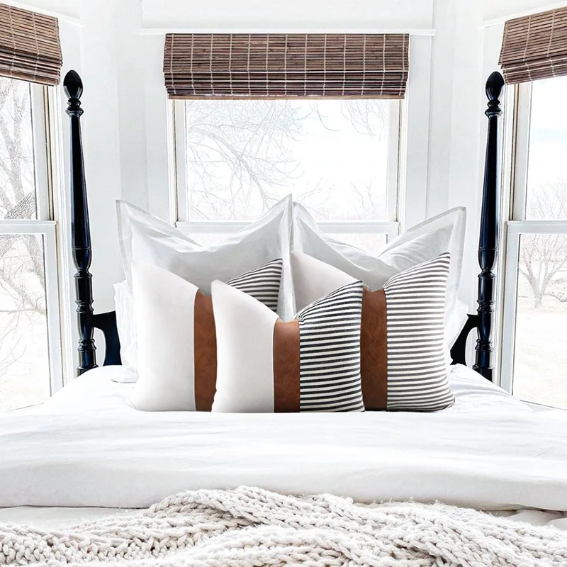 Pillow Covers Farmhouse Decor Stripe Patchwork Linen Throw Pillow Covers Modern Faux Leather Cushion Covers