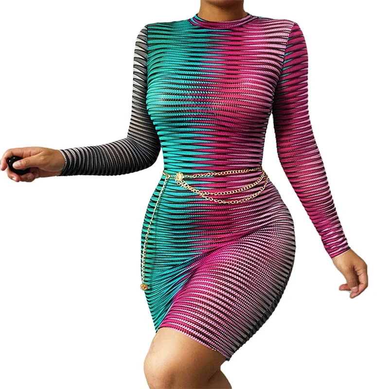 Summer Women Clothes Long Sleeve Slim Fit Mesh See Through Dress Sexy Bodycon Nightclub Dresses
