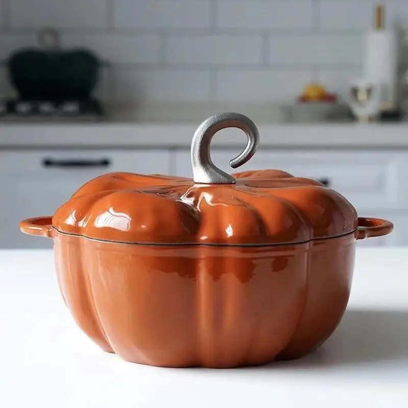 Wholesale Multi-function Cast Iron Casserole Pot orange Enamel Dutch oven 25cm Pumpkin Shape Stew Soup Pot With Lid