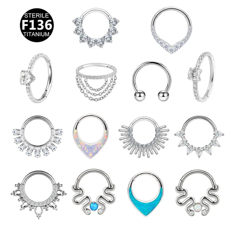 Gaby astm f136 d shaped piercing de titanio 14k gold clicker opal golden nose ring horse shoe septum  titanium piercing jewelry