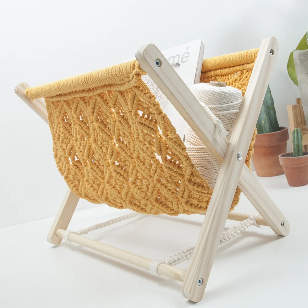 Macrame Magazine wooden  Rack Magazine Holder Storage Basket Standing Rack