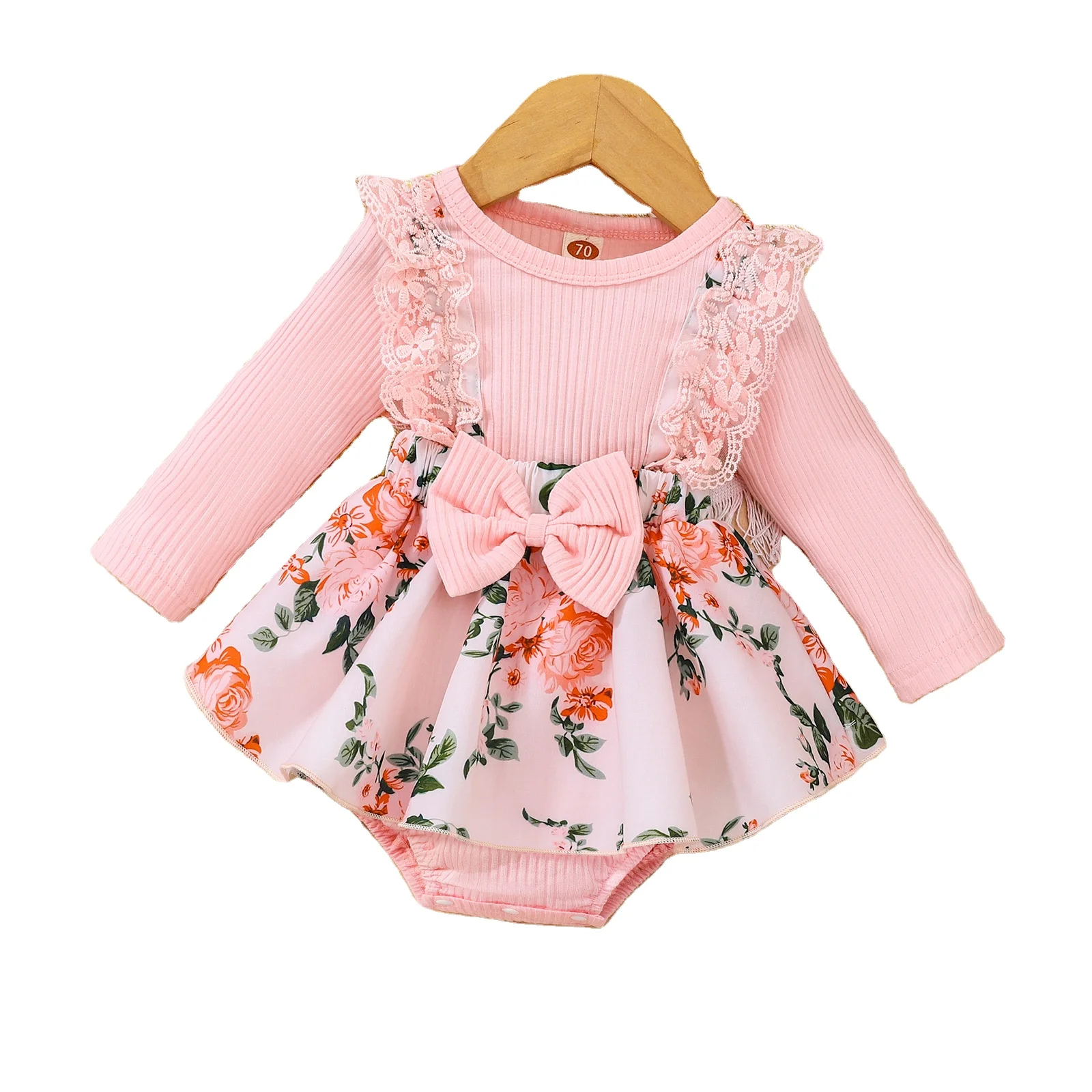 2023 Fashion Autumn New Children Clothing Wholesale Girls Lace Cotton Pit Strip Patchwork Full Print Floral Baby Romper