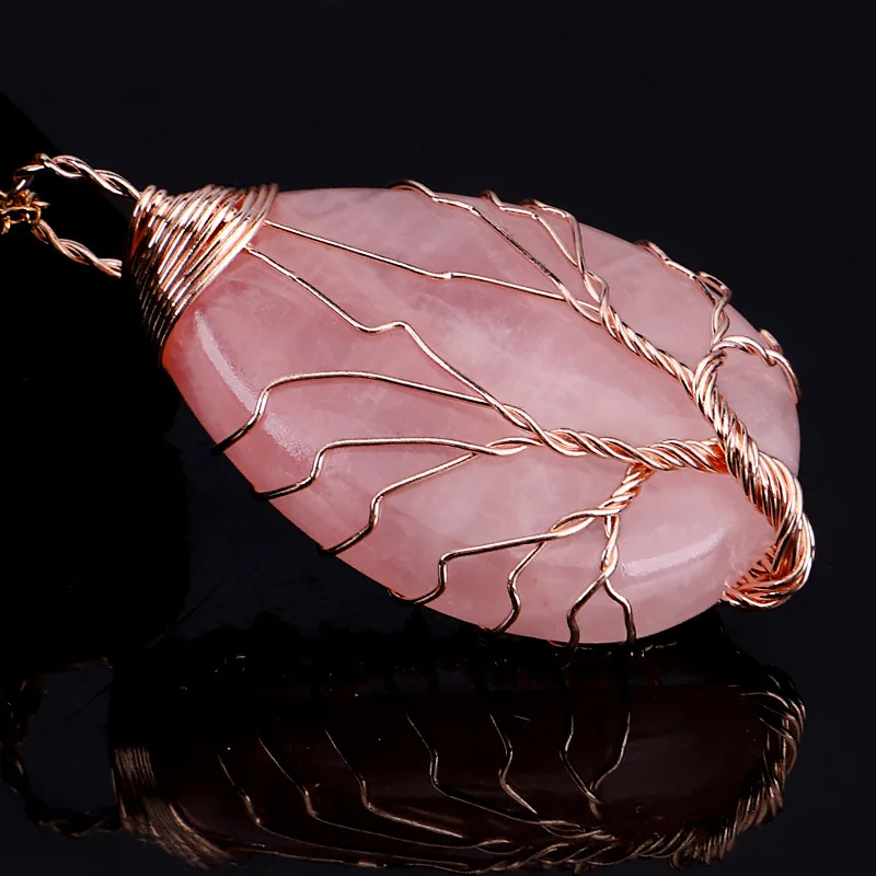 Trendy Luxury Handmade Braided Copper Wire Tree Of Life Woman Waterdrop Shape Gem Natural Stone Pendant Necklace Jewelry