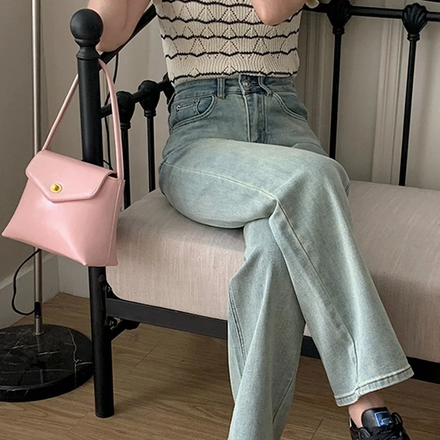 Custom Jeans Womens Light Blue Washed Straight Denim Pants High Quality Cotton Wide Leg High Waist Plus Size Women Jeans