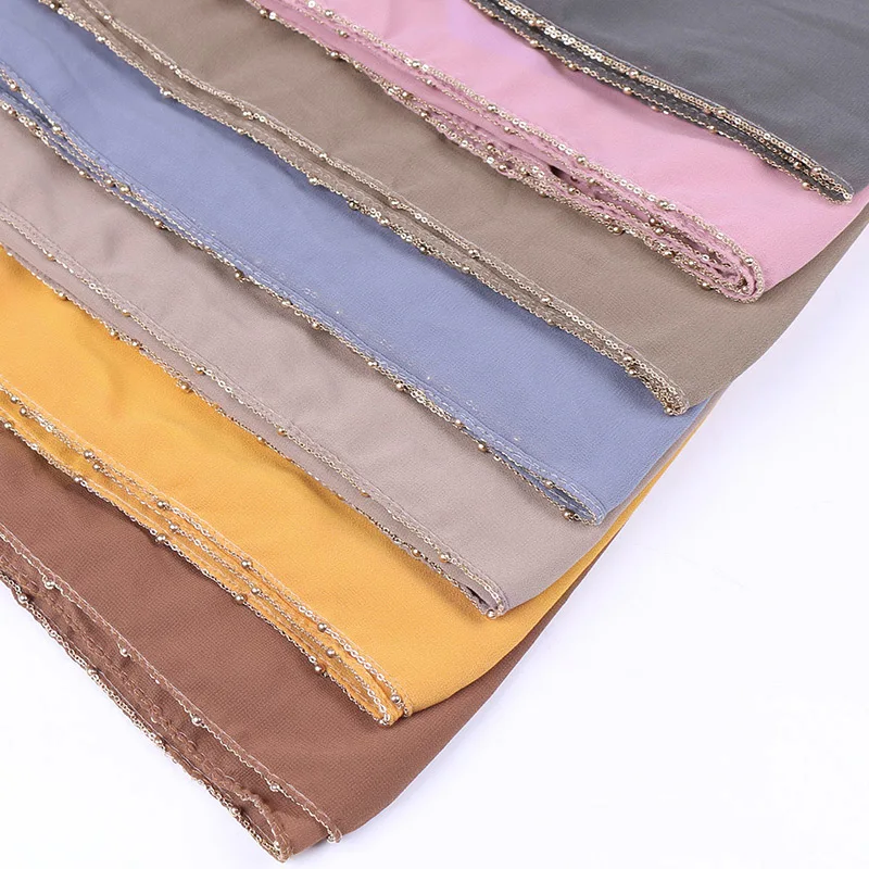 Лучшие продажи позолоченная цепочка 115*115 см квадратный шарф-шаль мусульманская монохромный цепи края ткани жемчужного цвета женский шарф