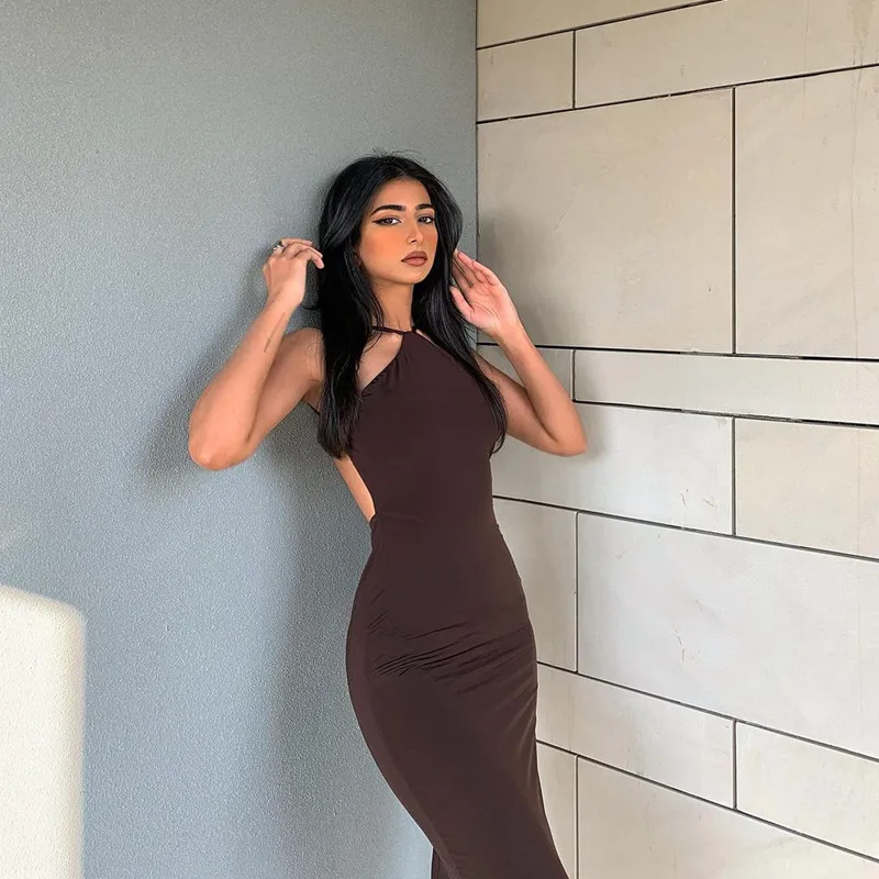New Silk Pencil skirt Sleeveless Sexy Backless Dress Casual Slim Fit Slip Bodycon Dress Long Dress women 2023