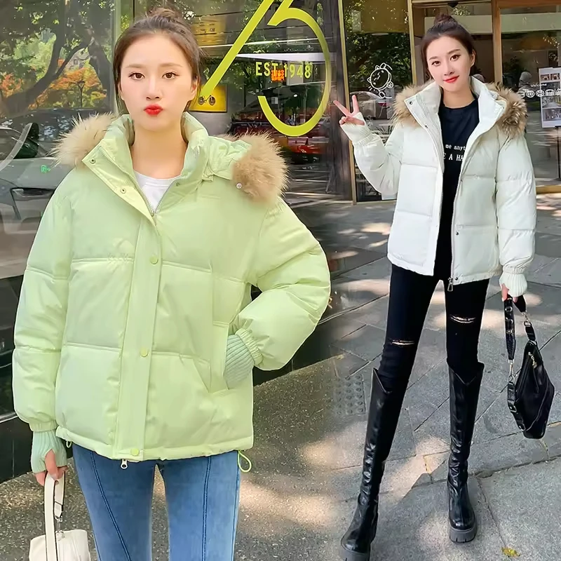 Korean version of down jacket women 2024 winter new loose thick short fox big hair collar white duck down bread coat