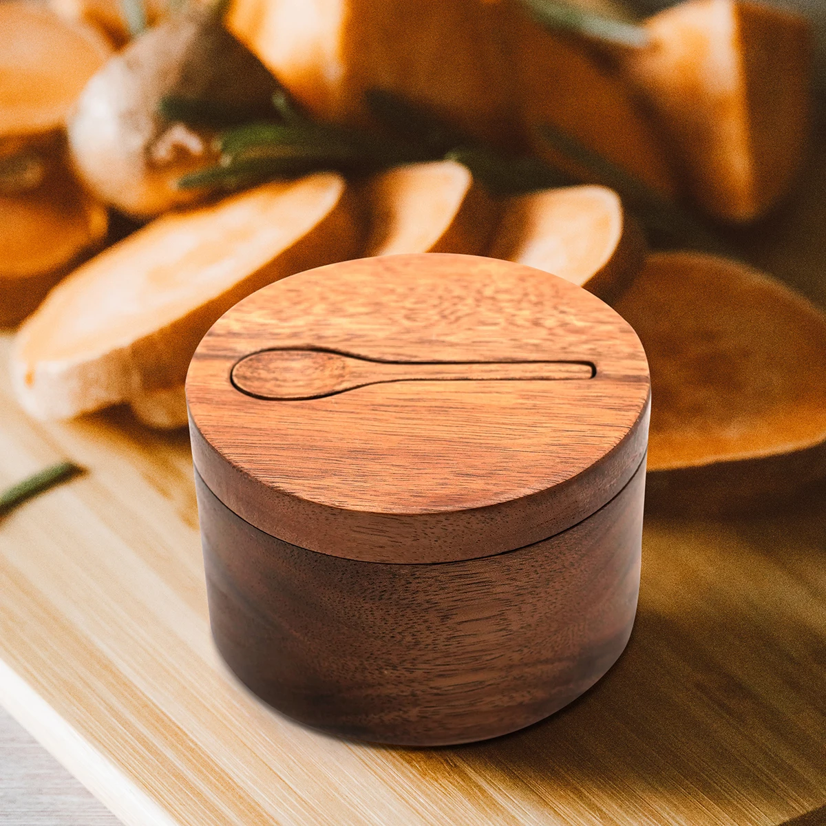 Elegant Wood Condiments Storage Keeper Wooden Spice Cellar Salt Cellar Acacia Wood Salt and Spice Box with Swivel Cover