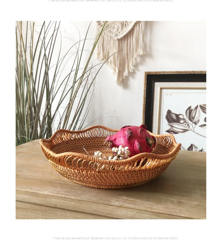 Rattan Handmade Fruit and Vegetable Woven bandeja picnic redonda Handcraft Wicker Food Storage Serving Tray