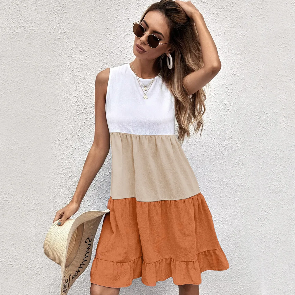Summer solid patch work sleeveless ruffles plus size women mini casual dress