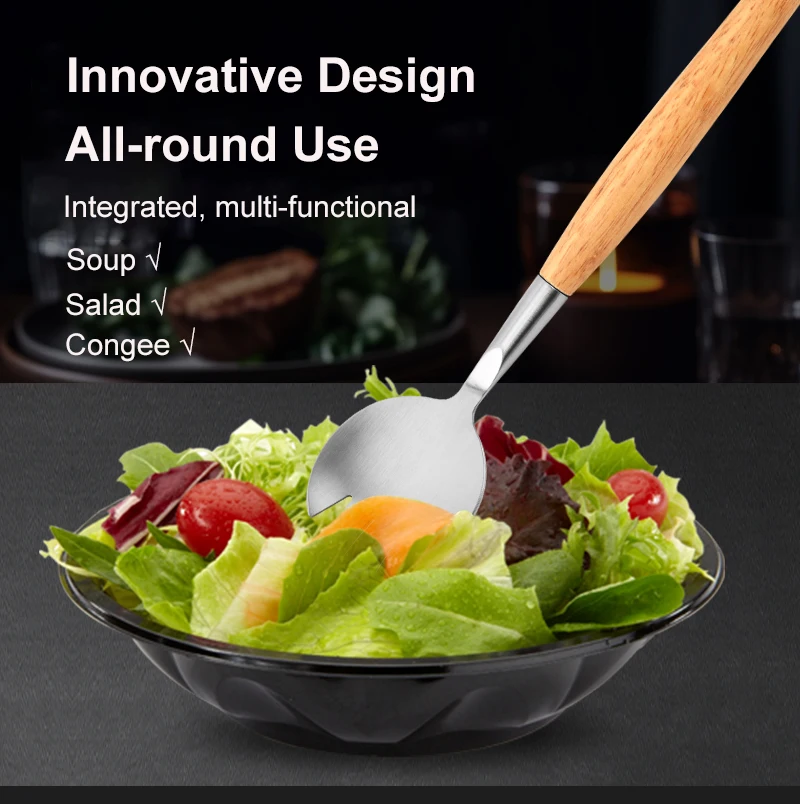 Wooden Handle Buffet Serving Stainless Steel Kitchen Food Salad Server Spoon and Fork Set Stainless