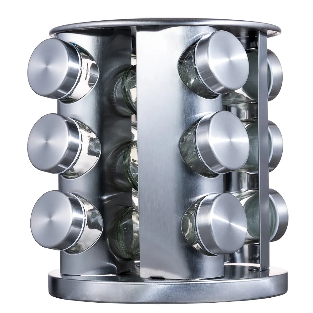 hot sale color box blister rotating spice rack 12 jars glass spice jar bottle organizer set with stainless steel carousel stand