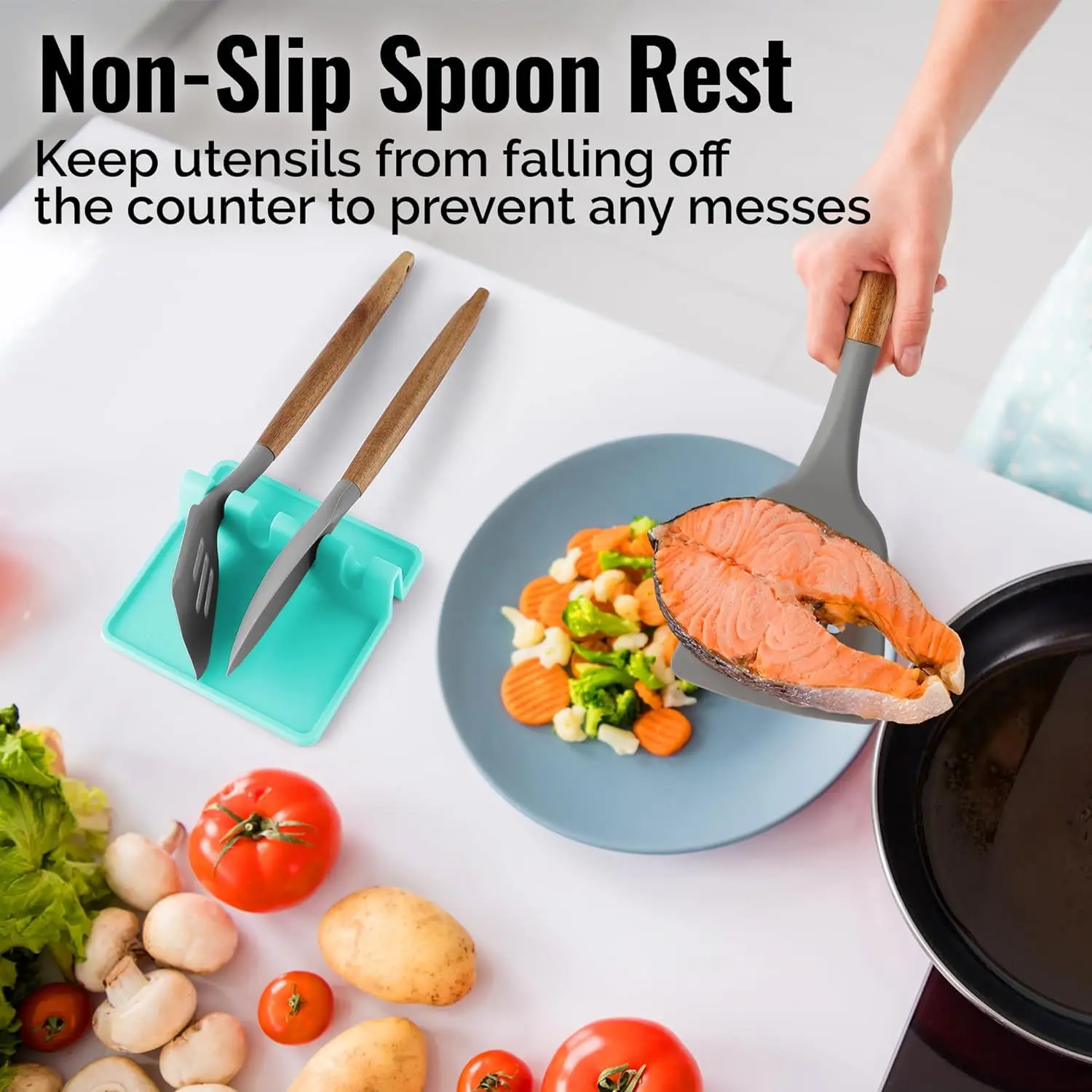 Durable Spoon Holder with Drip Pad Heat Resistant for Stove Top Counter Kitchen Silicone Utensil Rest