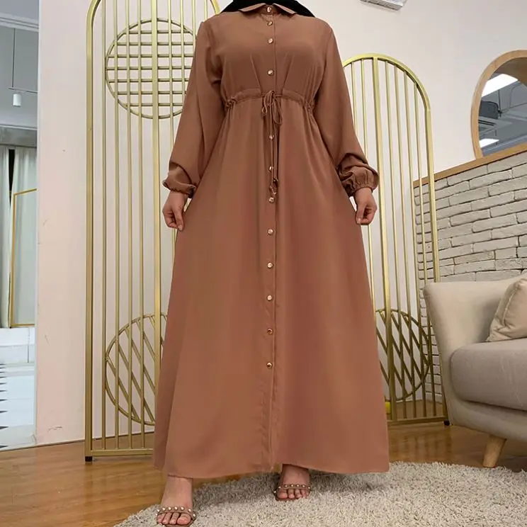 KD0823 2021 Turkey Islamic Clothing Muslim Lapel Solid Full Button Lace Up Women Slim Dress Front Open Long Skirt Kimono Abaya