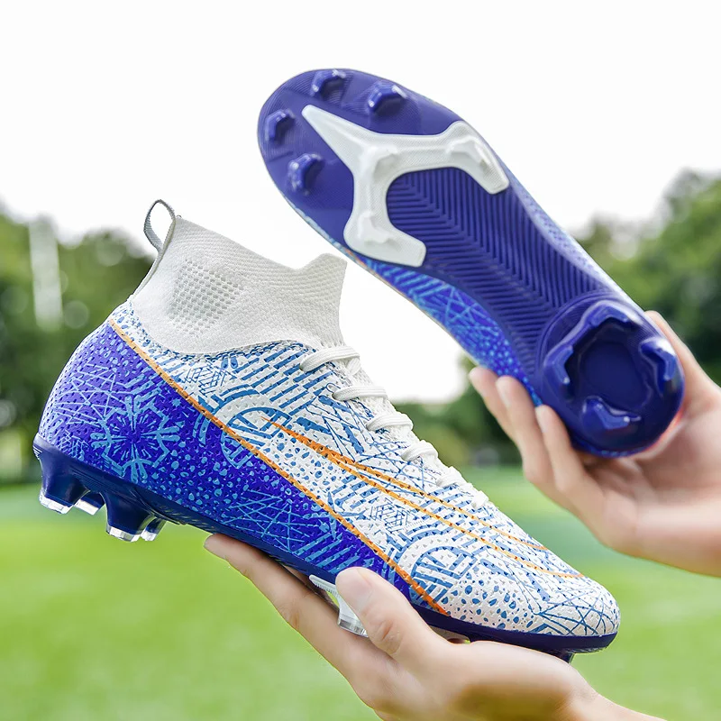 Kids boys high top long spikes football shoes printing outdoor training shoes school broken nail soccer boots for men women