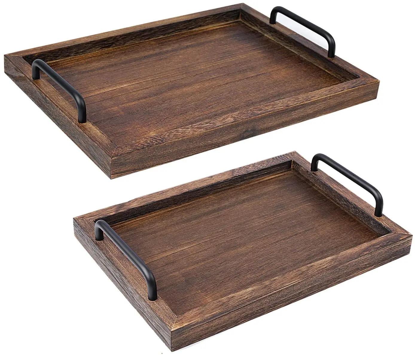 Rustic Wooden Serving Trays with Handle-Set of 2-Decorative Nesting Food Board Platters for Breakfast, Coffee Table/Butler