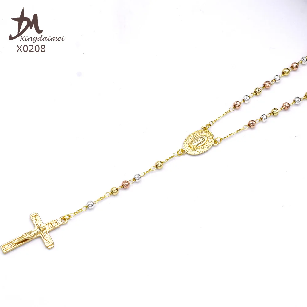 X0208 gold  rosary necklace wholesale three colors Virgin Mary rosary beaded necklace gold plated rosary necklace