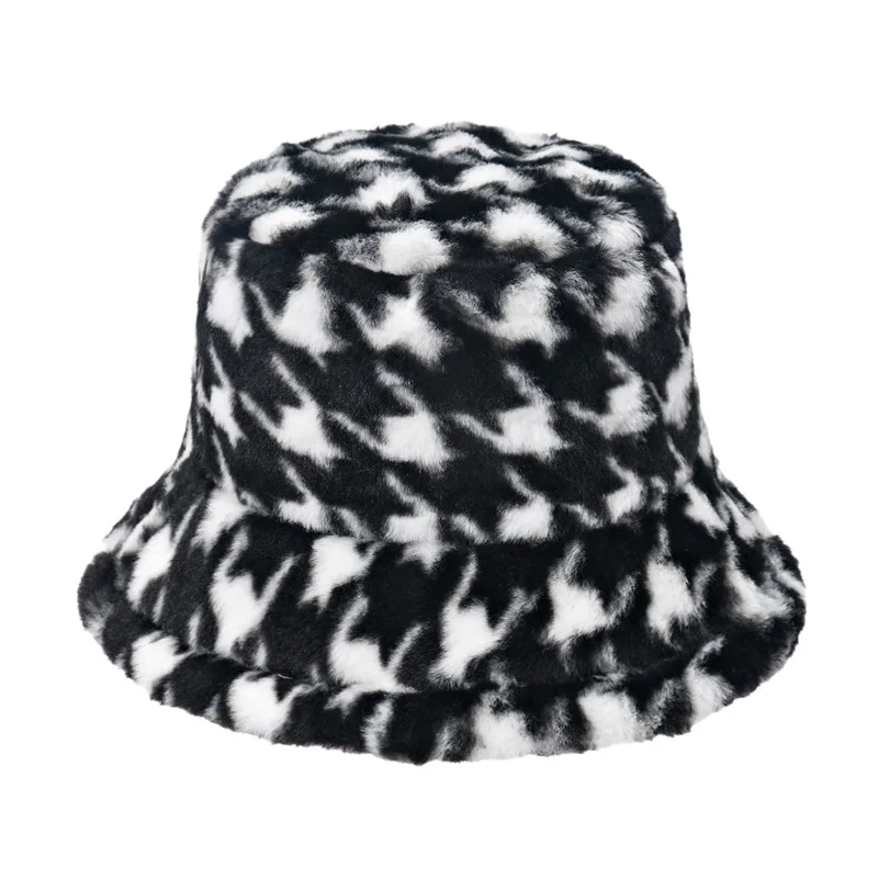 2021 autumn and winter fisherman hat plush warm houndstooth rabbit fur men and women bucket hat