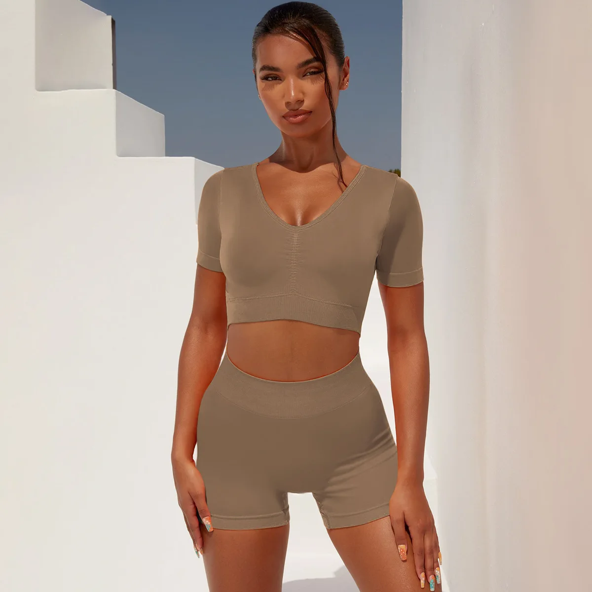 Grey Scrunch Pantsuit 2 Pieces Sports Gym Suit High Waist Seamless Fitness Wear Womens Crop Tops Butt Biker Short Set