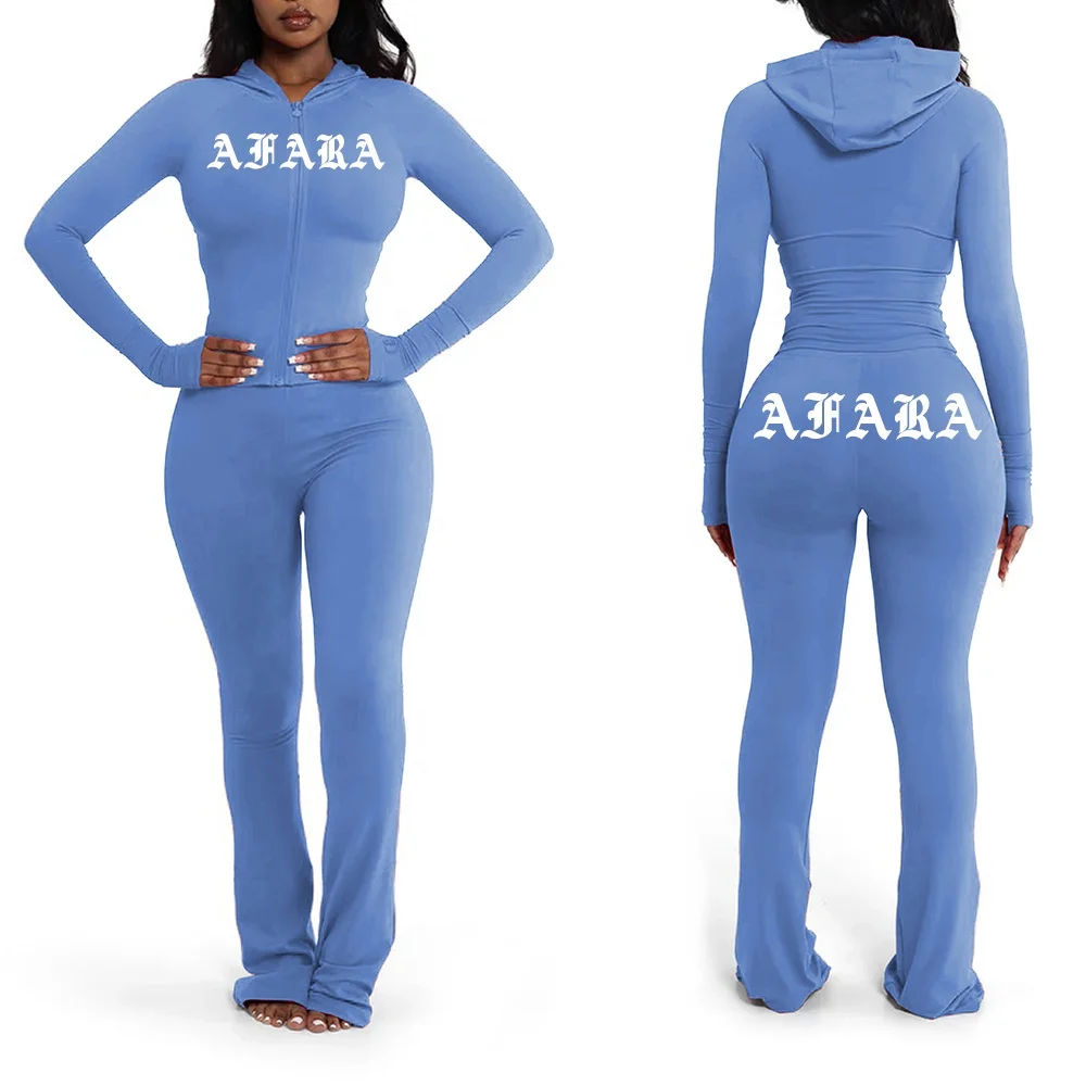 Custom Women Set Two Piece Outfits Basics Hoodie and Flare Pants Zip Jacket Skinny Flared Pants Jogging Suits Tracksuit Set