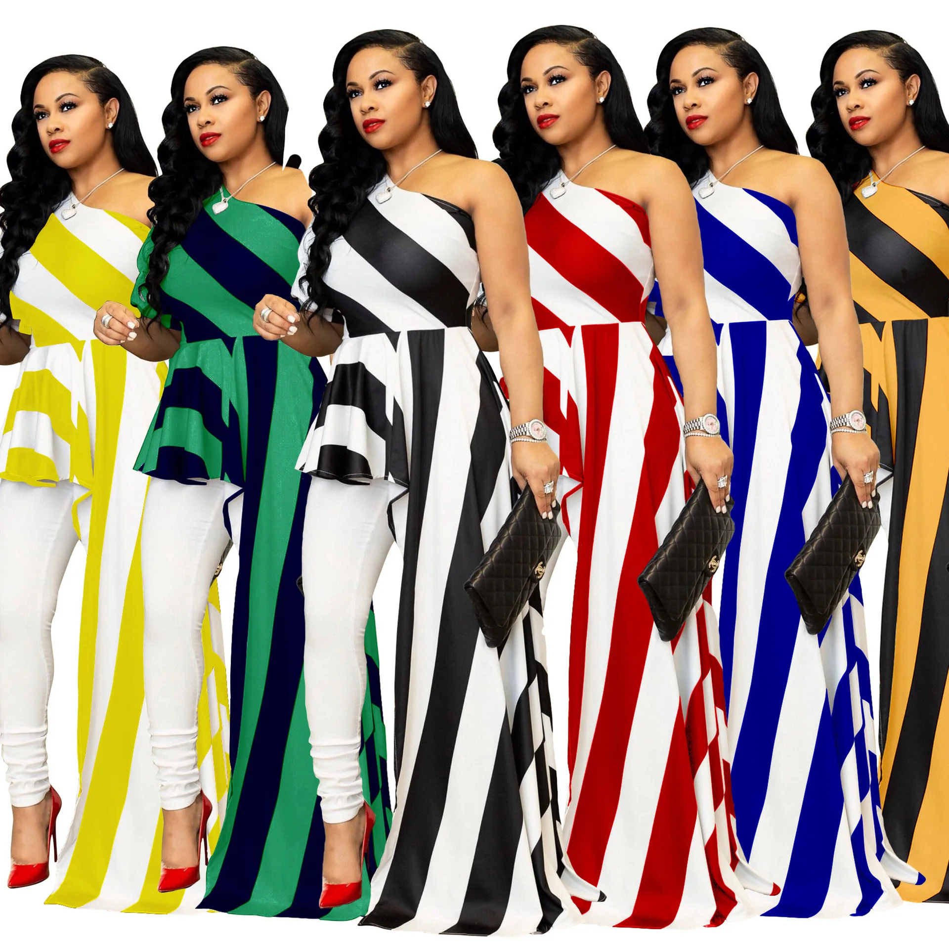 Fashion plus size dress sexy one shoulder dress slanted shoulder striped shirt dress long skirt