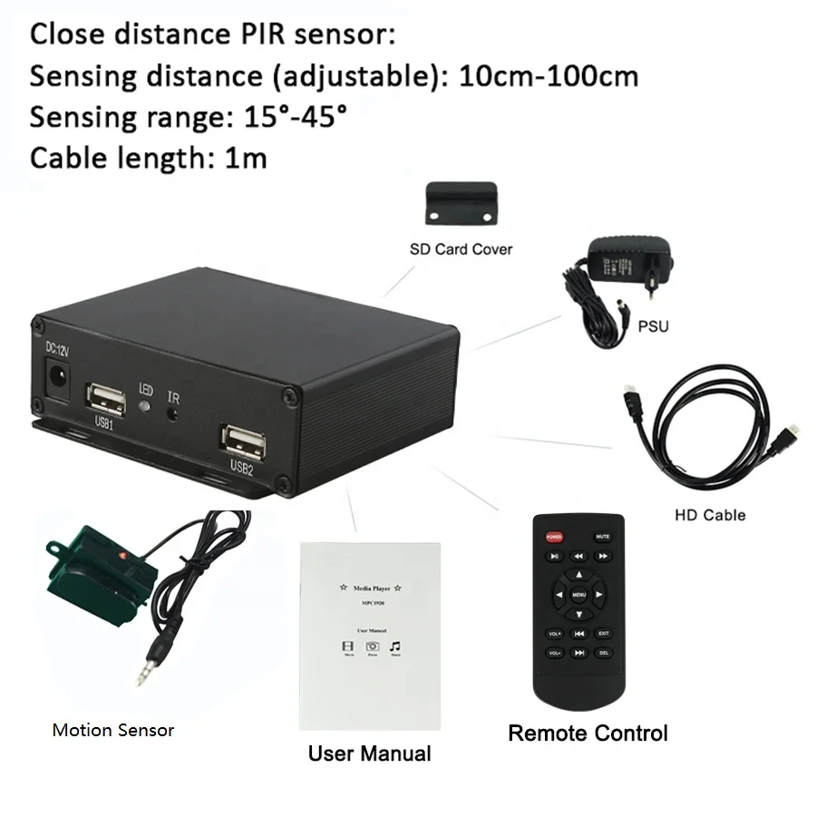 MPC1920-3 PIR motion sensor mode audio video play DC 12V USB digital advertising player with OEM service