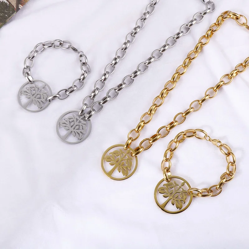 Kalen Fashion Adjustable Link Chain Hollow Tree Bracelet Necklace Women Stainless Steel Jewelry Set