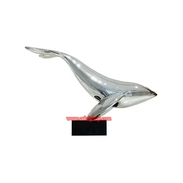 Indoor outdoor Decor design Sculpture marble base metal Stainless Steel Whale Fish statue