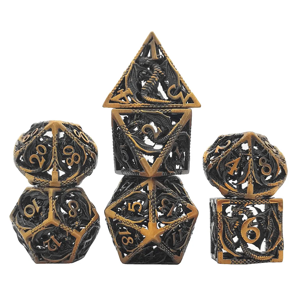 Hot Sale 7 Pieces Metal Hollow Dragon Dice Antique Copper Gold Brass Shiny Silver Rainbow Ntitanium Metallic Dice