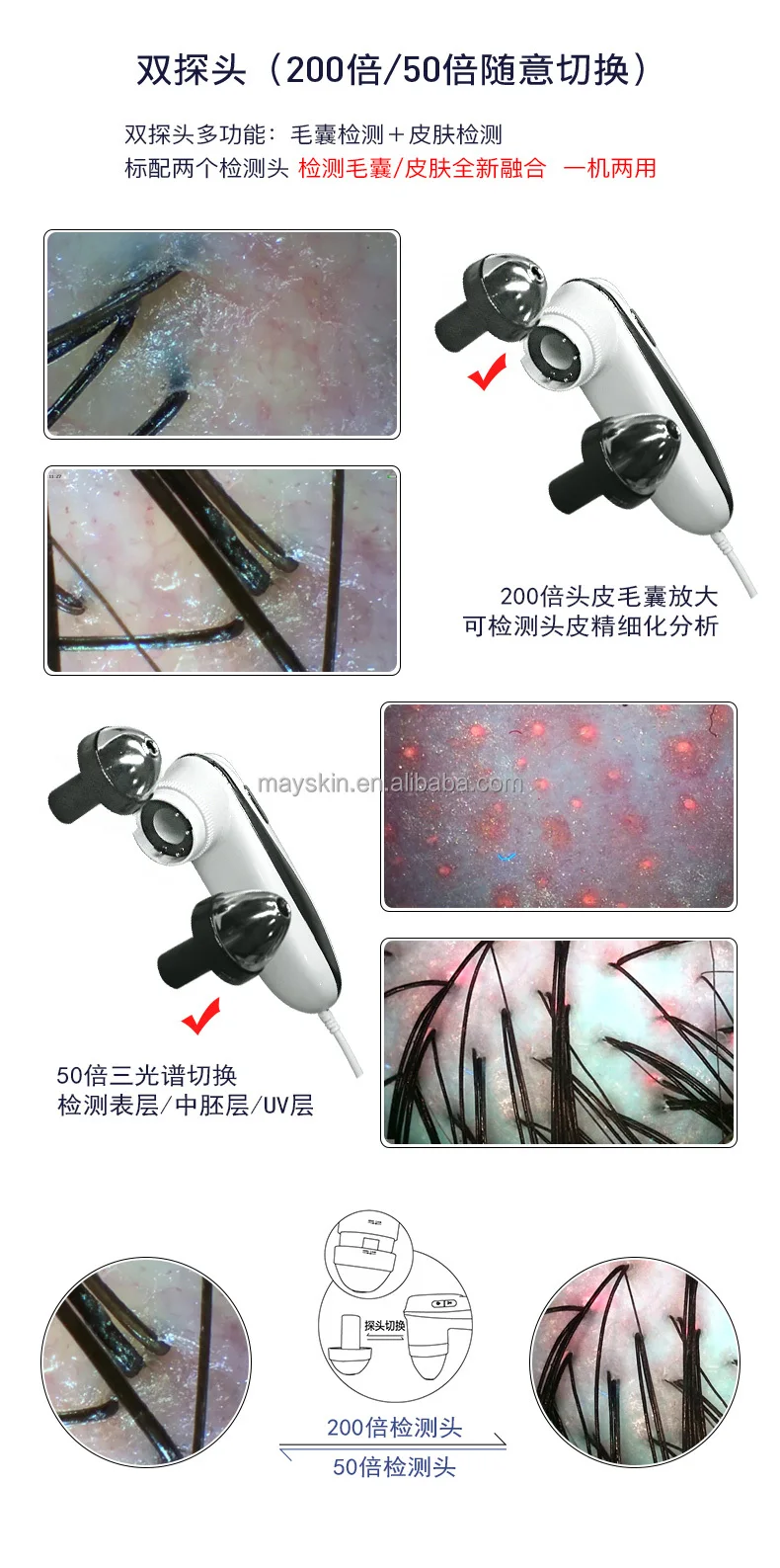 Four-spectrum HD scalp skin detector Hair follicle analyzer Facial HD detection analyzer Multi-functional