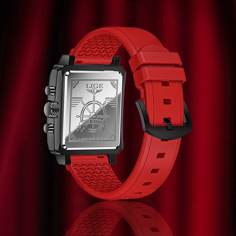 LIGE LG8965 luxury red male quartz watch cool rubber strap moon phase date display chronograph leisure wrist watch