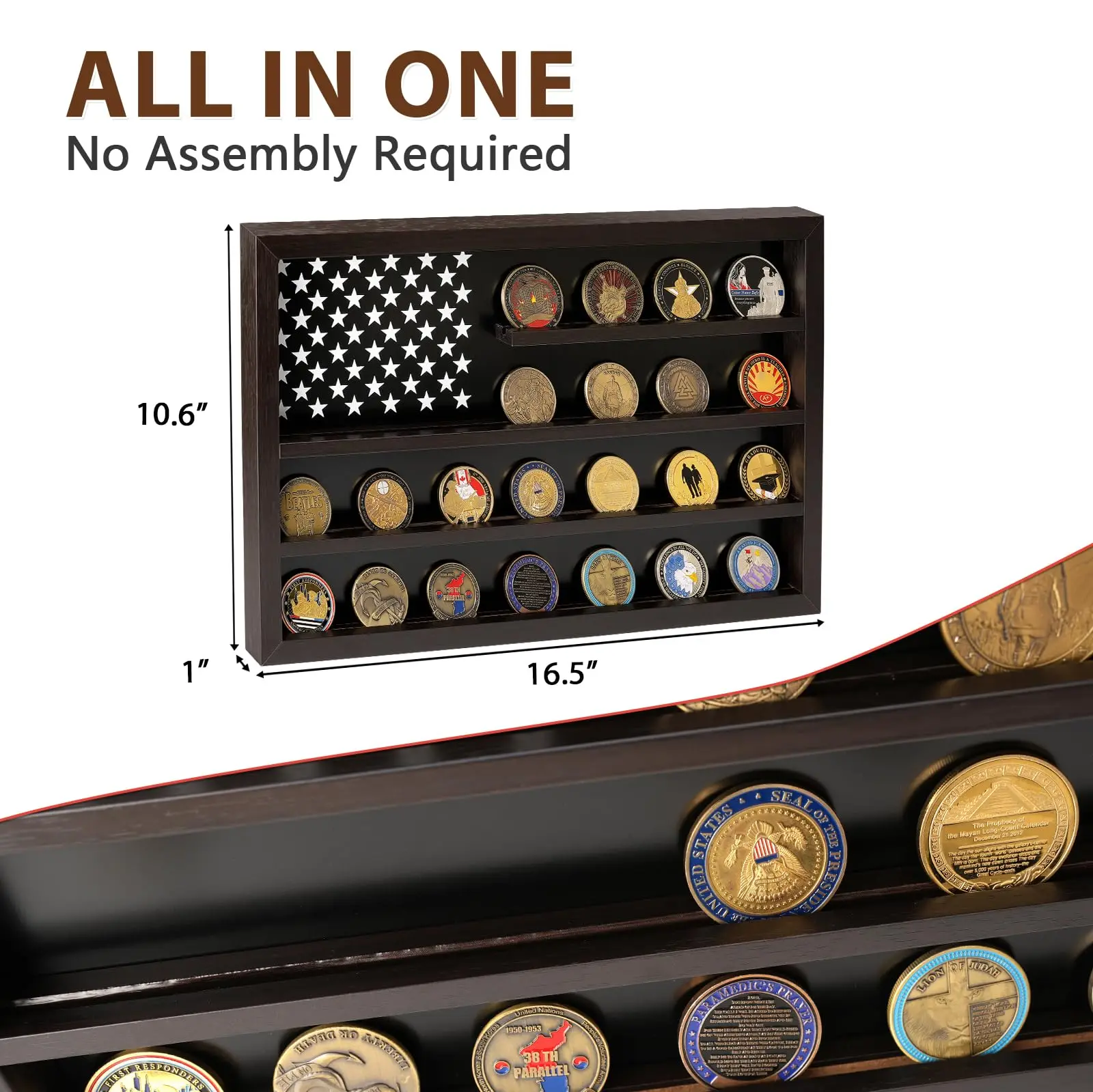 Military Challenge Coins Display Case Holder with American Flag Holds 40 Coins  Wooden Coin Stand Rack with Border