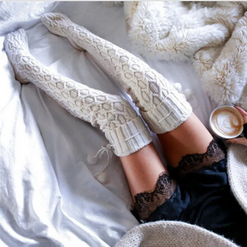 Winter crochet cable knit extra long thick over knee stockings cozy thigh high sock boots with pom pom