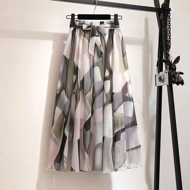holiday beach dress spring and summer women significantly lanky waist skirt printed chiffon skirt,latest long skirt design