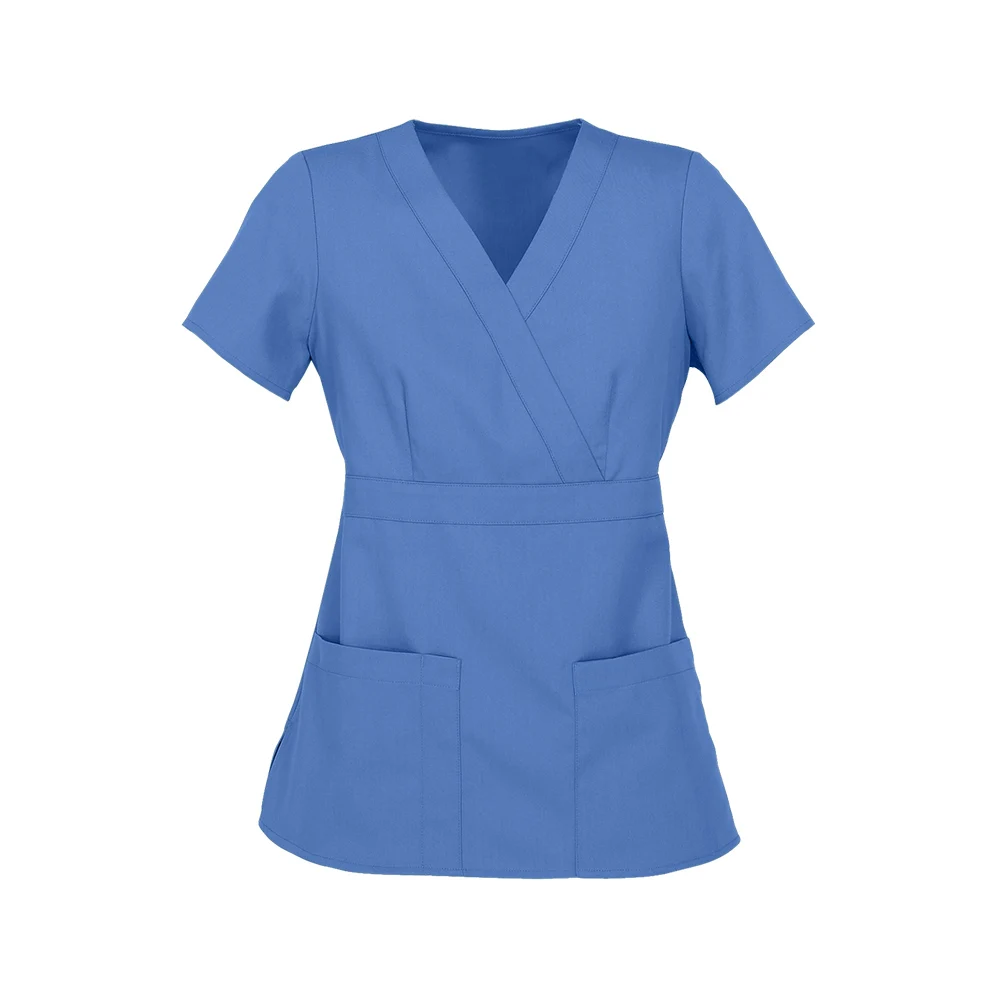OEM Hospital women stylish 3 pocket modern fit mock wrap doctor and nursing scrubs set